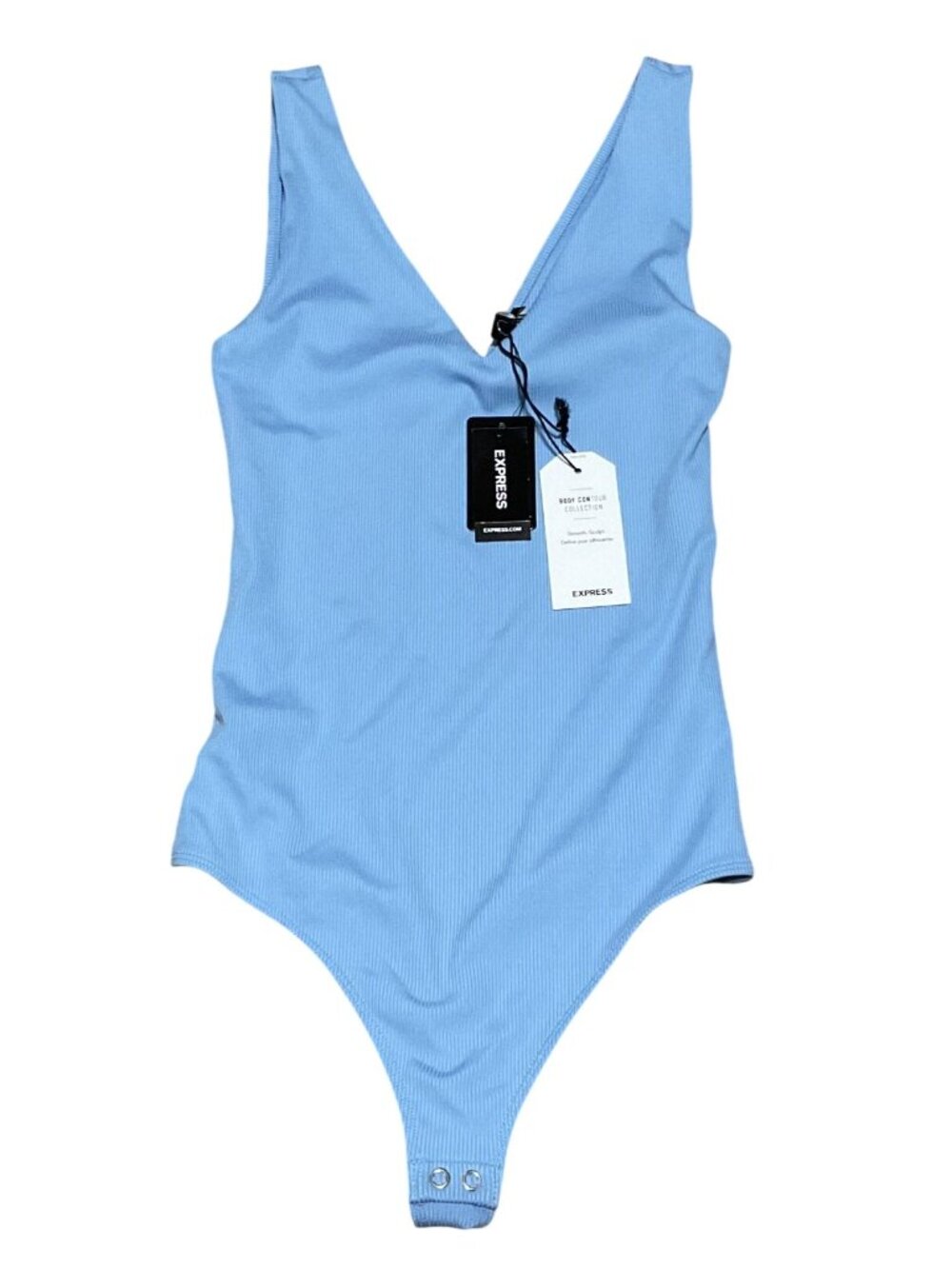Express Body Contour Blue Ribbed V-Neck Bodysuit XS Polyester Spandex Snap Close